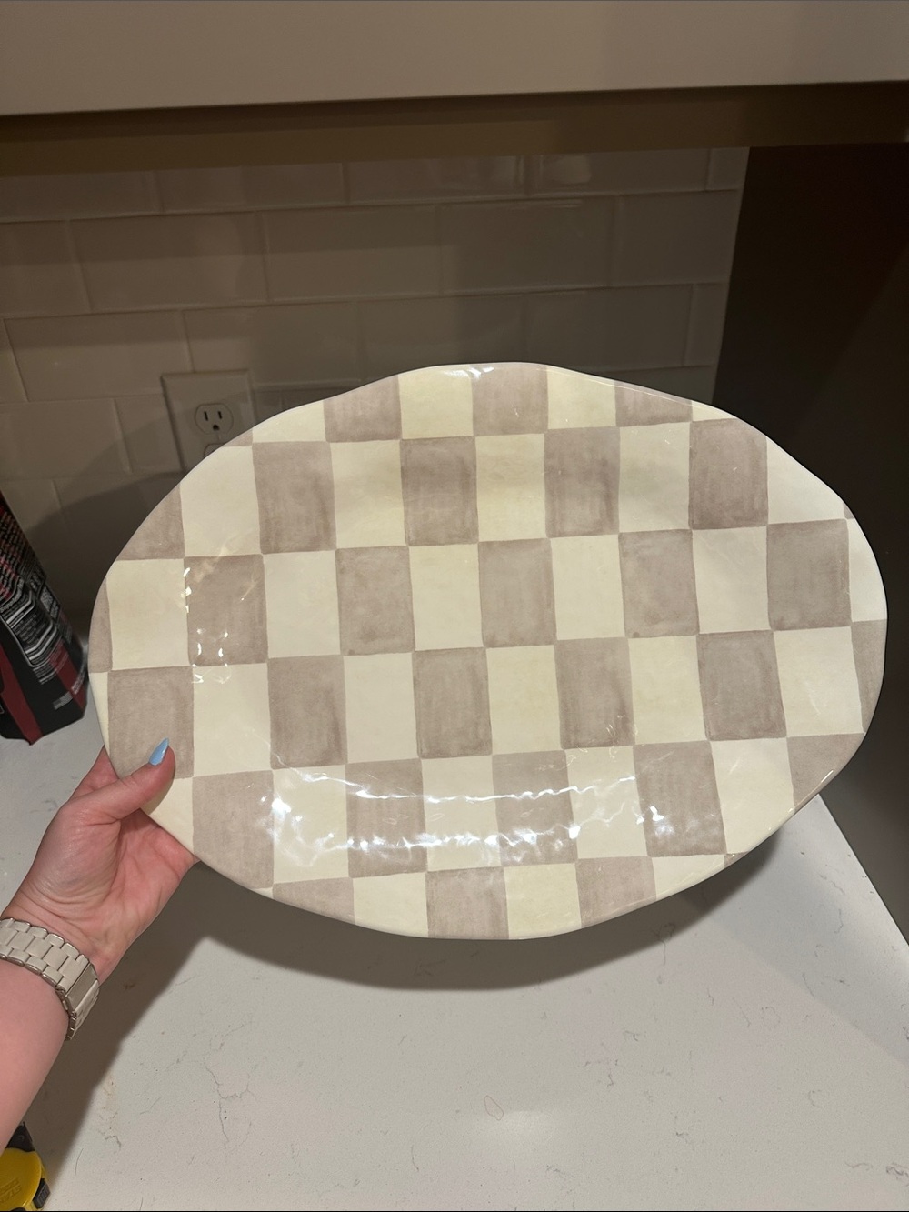 Melamine Mocha Checkerboard Large Oval Serving Platter - New